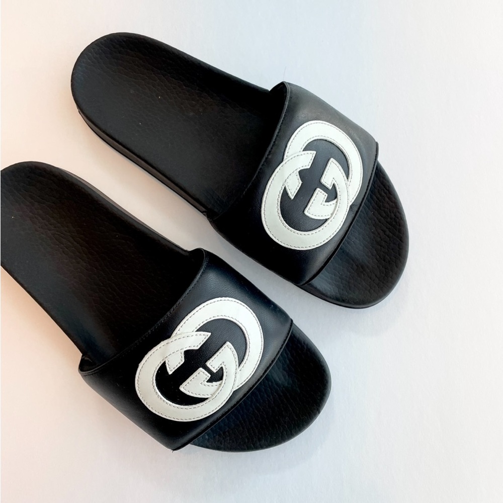 Men’s Gucci Black & White Slides Interlocking GG